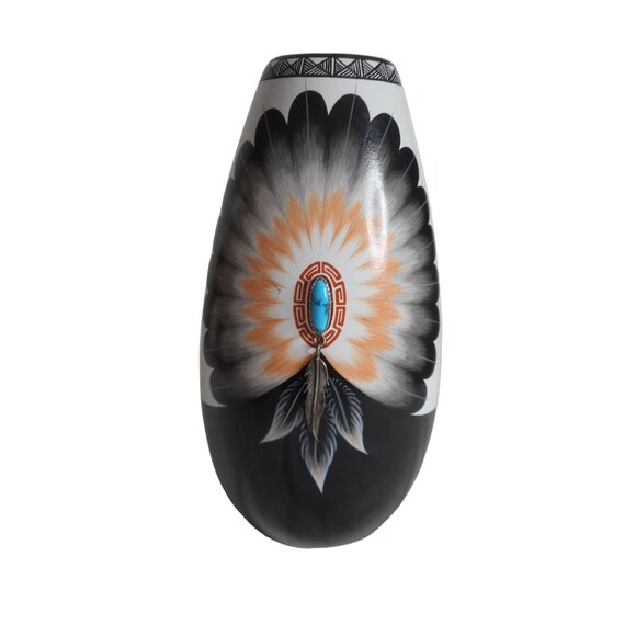 Native American Jemez NM Handpainted Pottery decor Turquoise Feather Gachupin - Picture 1 of 10